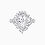 Art Deco Pear Shape Ring with Double Diamond Halo and Baguette Diamond Accents - Shahin Jewelry